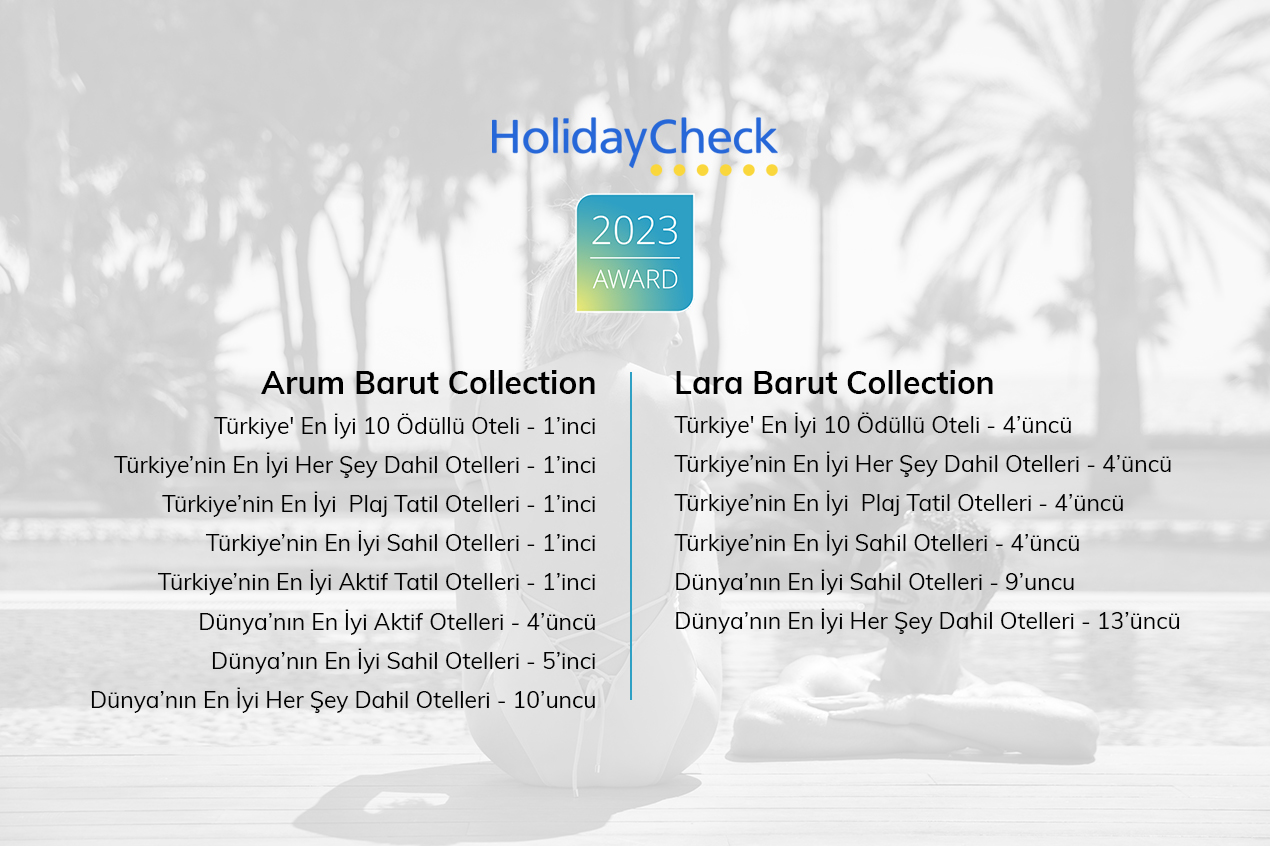 HolidayCheck misafirleri Arum Barut Collection ve Lara Barut Collection'ı Türkiye ve dünya genelinde ilk sıralara taşıdı.